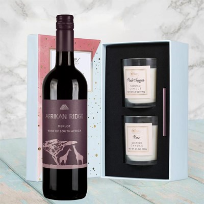 Afrikan Ridge Merlot 75cl Red Wine With Love Body & Earth 2 Scented Candle Gift Box